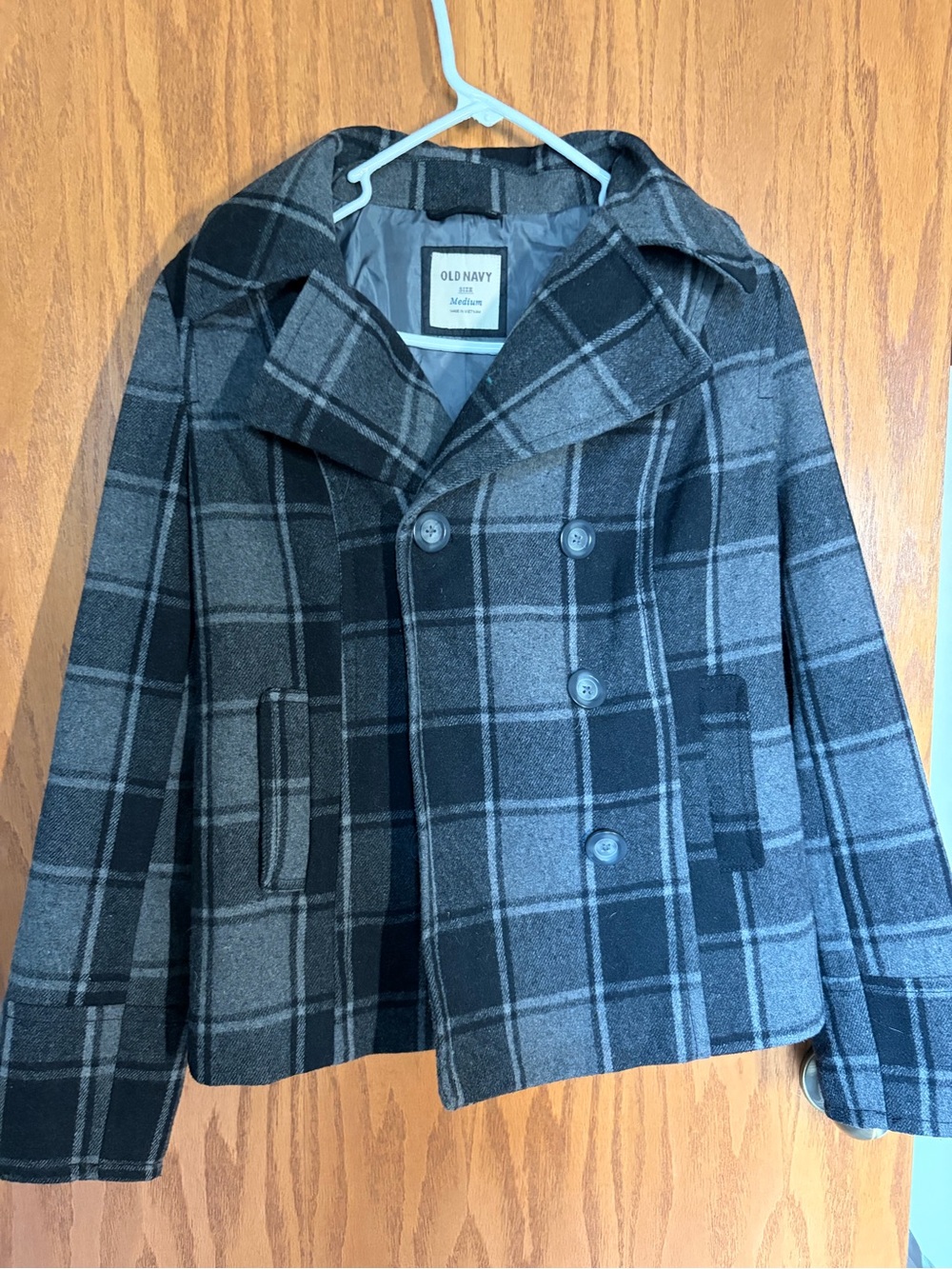 Old Navy Black and Gray Plaid Peacoat